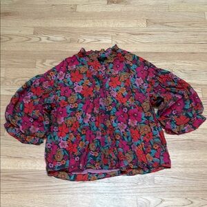 Fate Floral Puff-Sleeve Blouse in Fuchsia, Red & Green